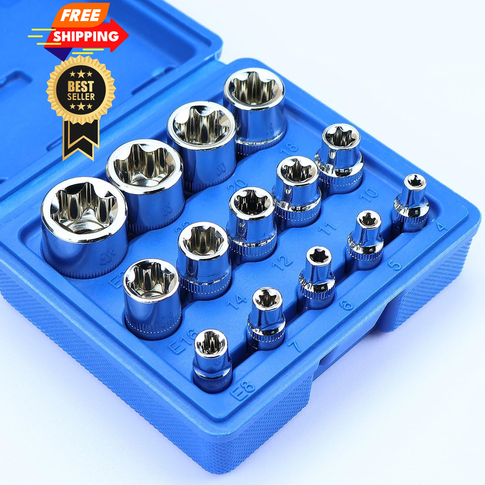 14-Piece Female E-Torx Socket Set, E4-E24 External Star Sockets, 1/4" 3/8"...