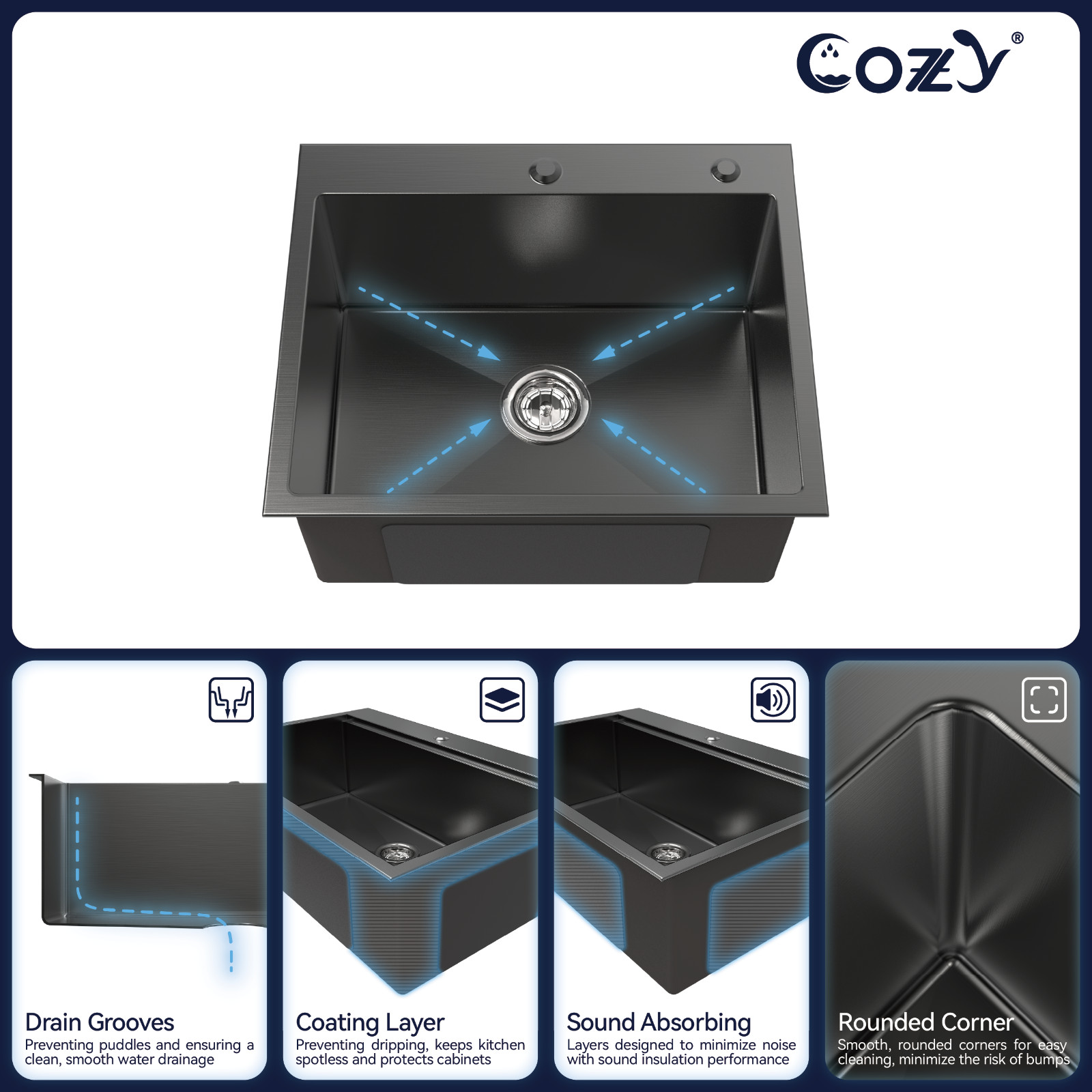 COZY Stainless Steel Kitchen Sink, 23" Single Bowl in Matte Black