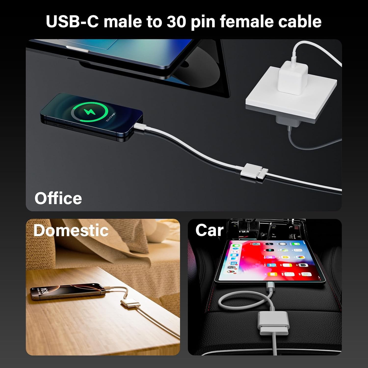 USB C to 30 Pin Female Adapter for iPhone 16, 1 Pack, White/USB-C 30Pin