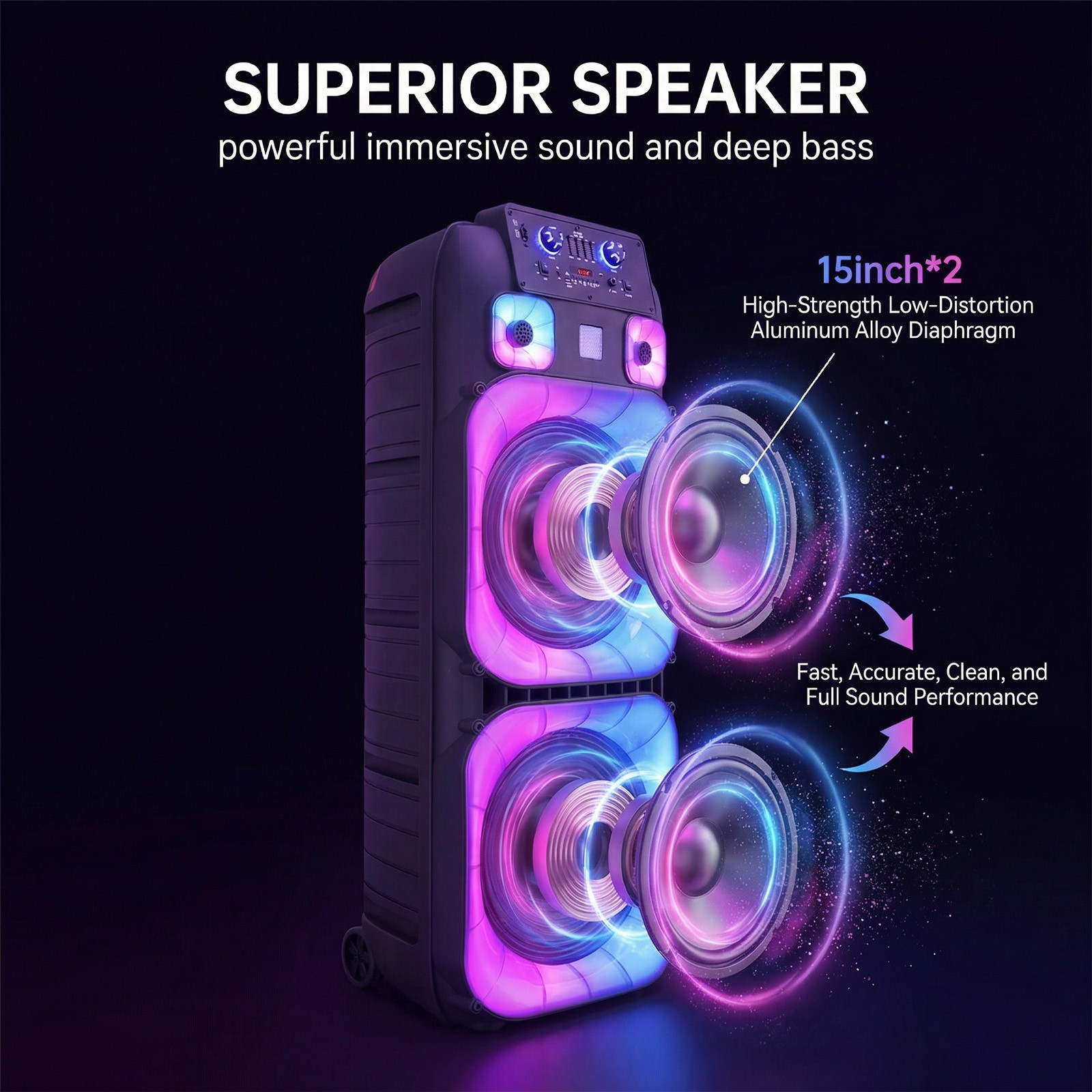 Portable Bluetooth Party Speaker PA System with Dual 15'' Subwoofer 2 Microphone