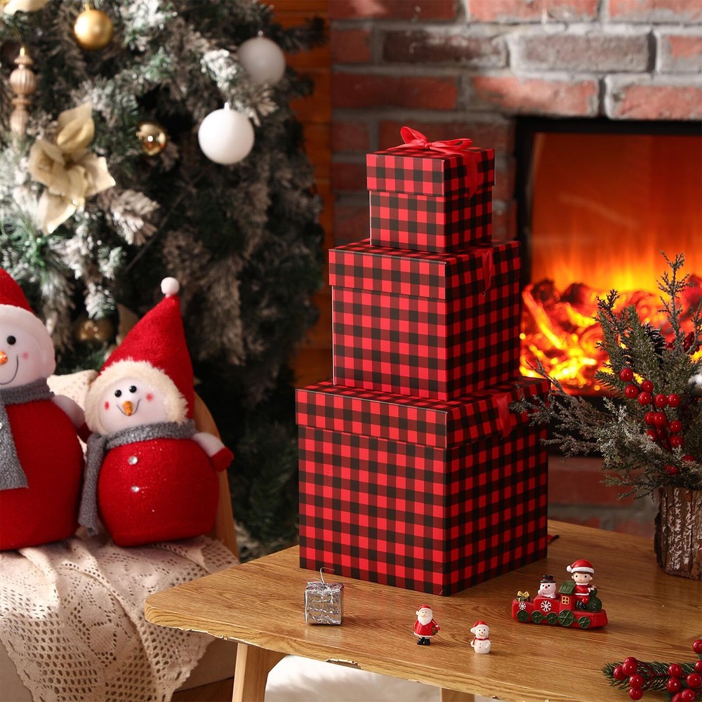 3 Pcs Christmas Nesting Gift Boxes Buffalo Plaid Xmas Stackable Boxes Black R...