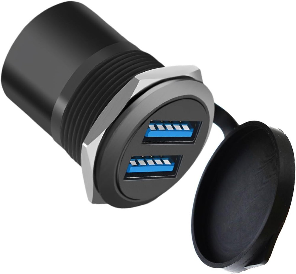 Dual USB 3.0 Panel Mount Adapter - Threaded Round Connector with Black