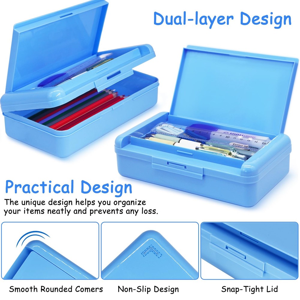 Double Layer Pencil Box, Hard Pencil case 2 Compartments, Plastic Large Capacity