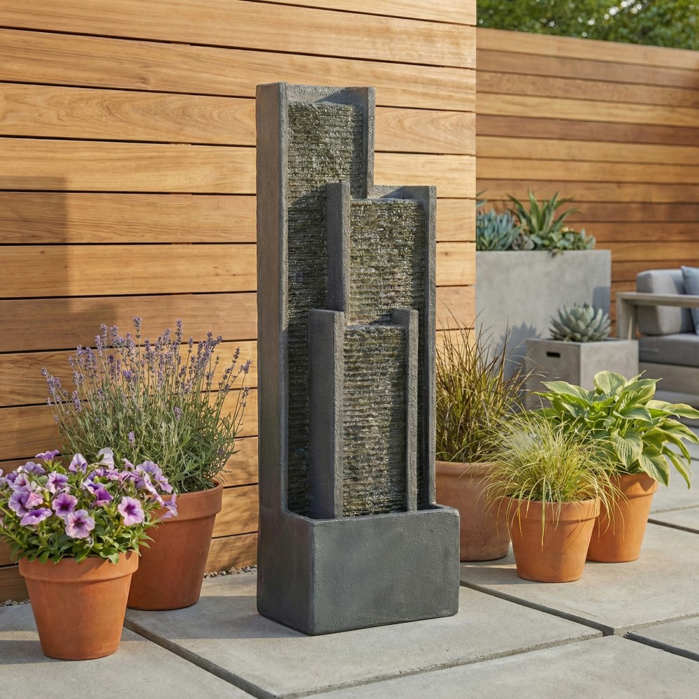 40 Inch Modern Outdoor Water Fountain Floor Standing Cascading Waterfall