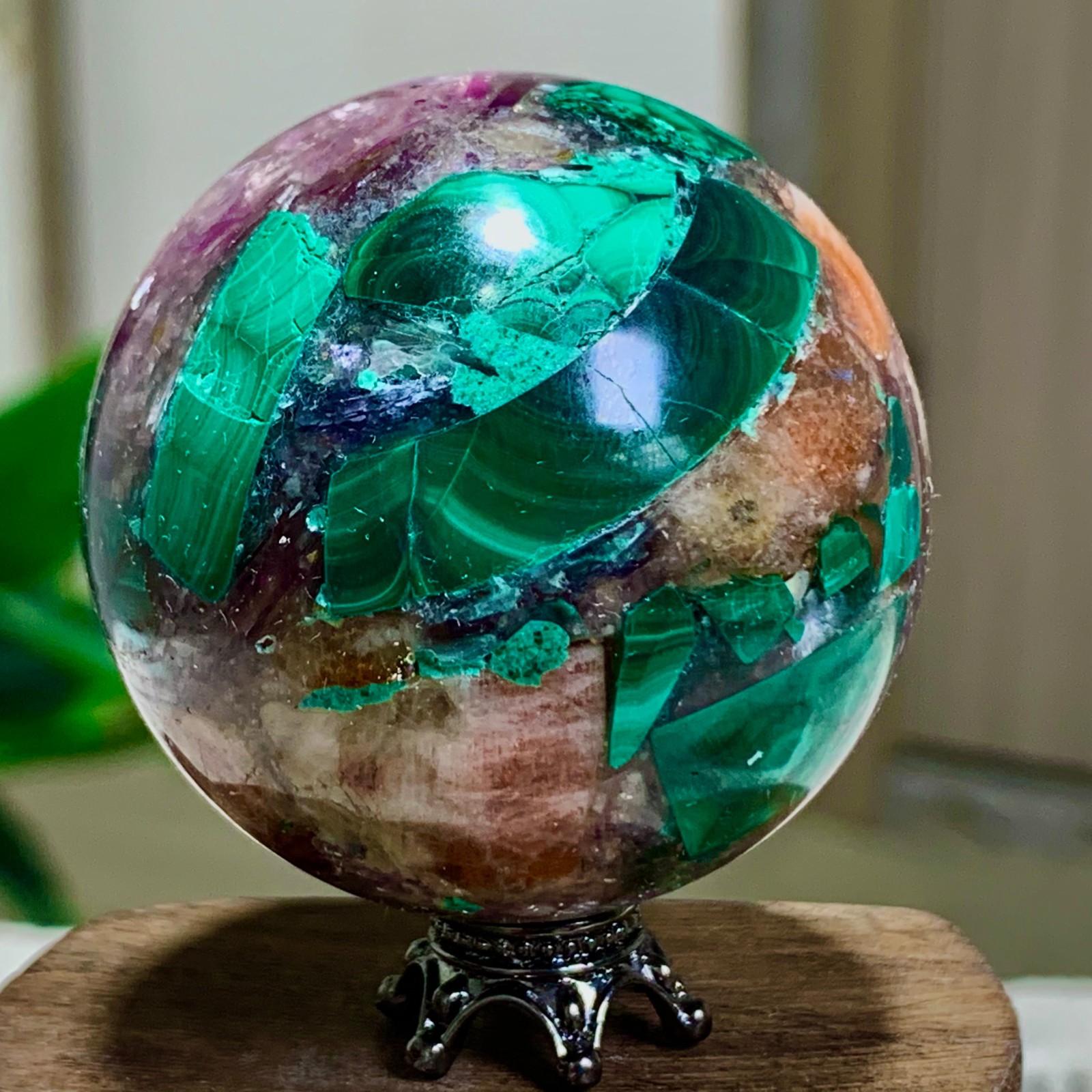 117G Newly discovered rare malachite purple mica symbiotic sphere restoration