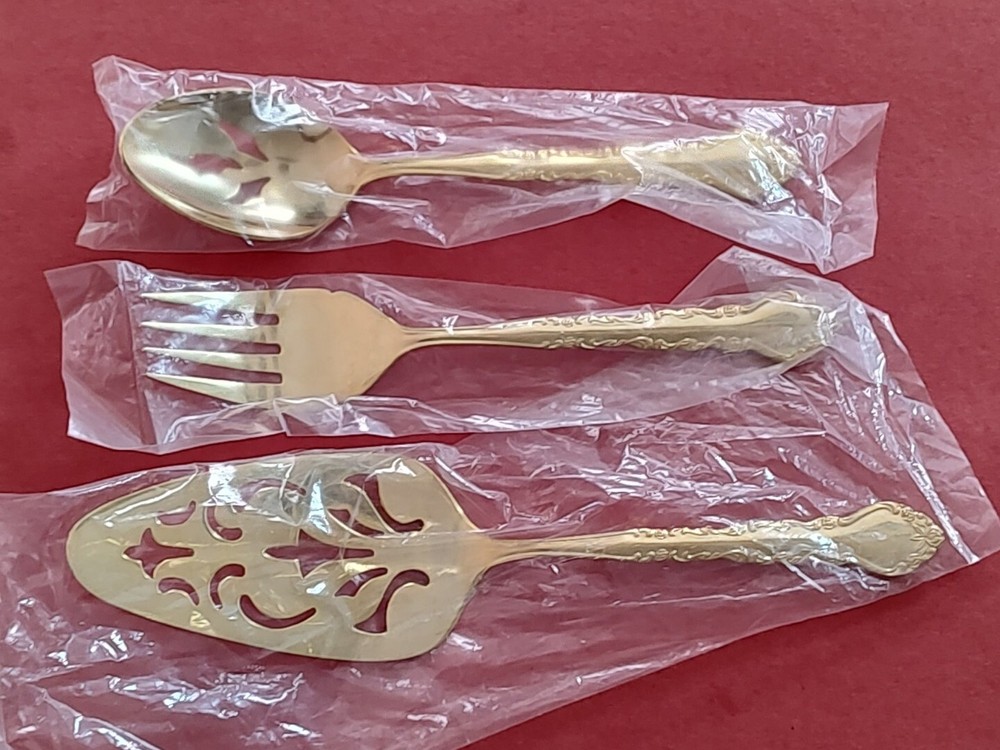 3pc SEALED EXCEL GOLD MOET Stainless Pie Serving Pierced Spoon Fork FreeShip