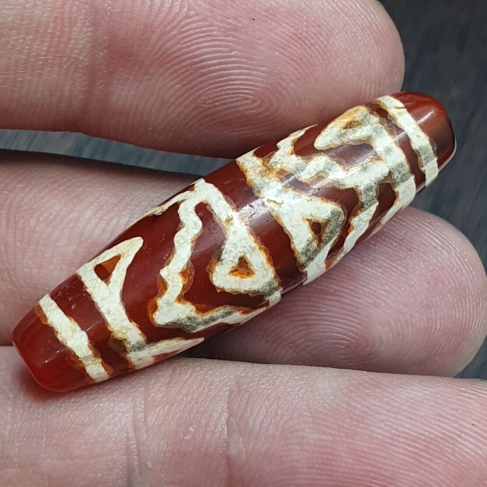 Antique Tibetan Nepalese RED Etched Agate Bead Decorated Carnelian Beads ETC-2