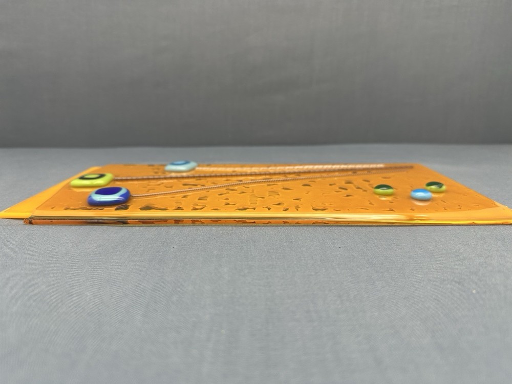 FUSED GLASS Rectangular 12" ART PANEL Orange ABSTRACT Signed DECORATIVE PLATE