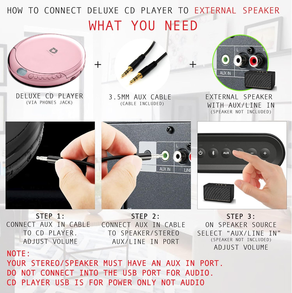 CD Player Portable with 60 Second anti Skip, Stereo Earbuds, Includes Aux in Cab