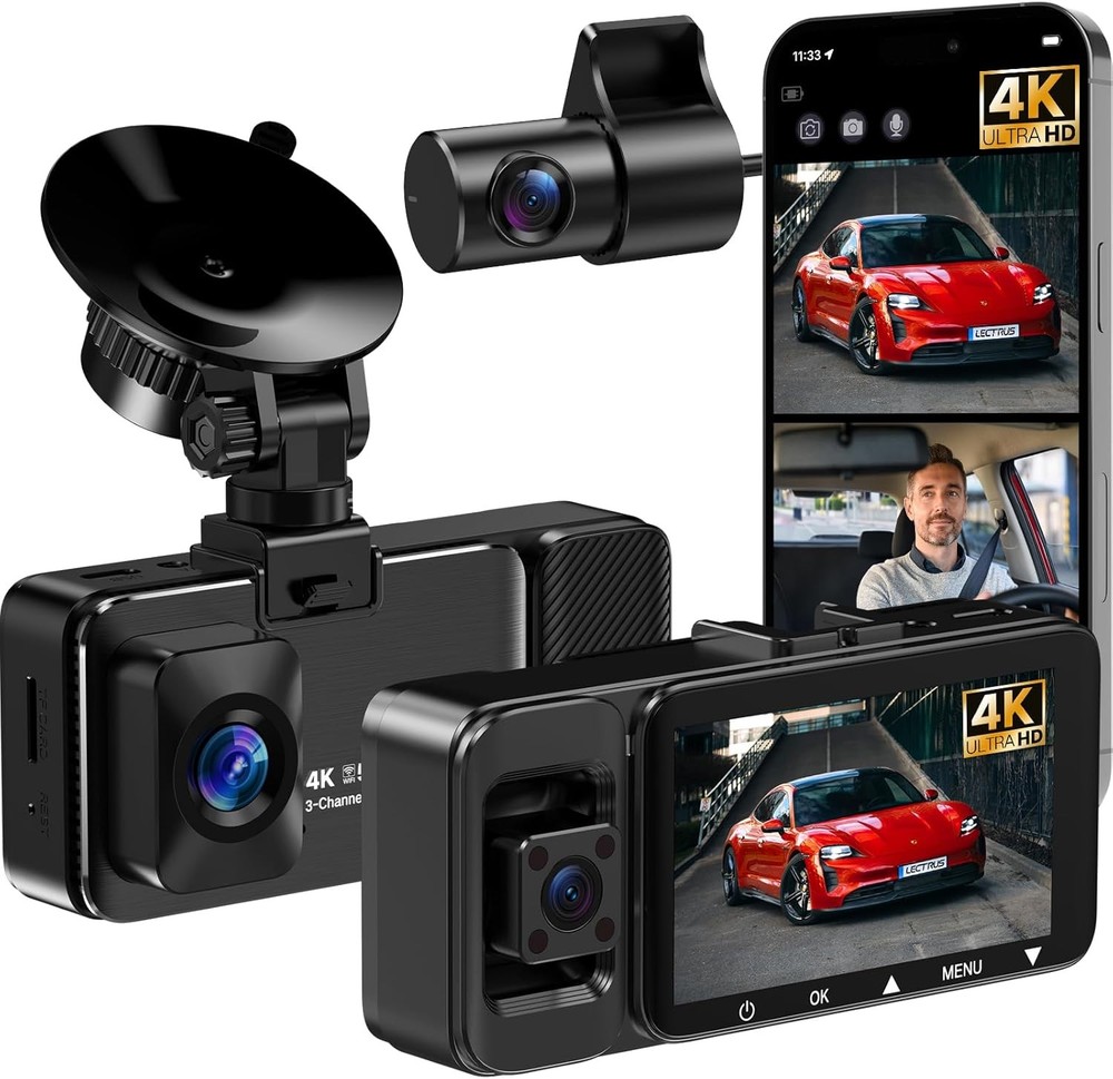 3 Channel 4k Dash Cam Front and Rear Inside, Car Mount Camera Black