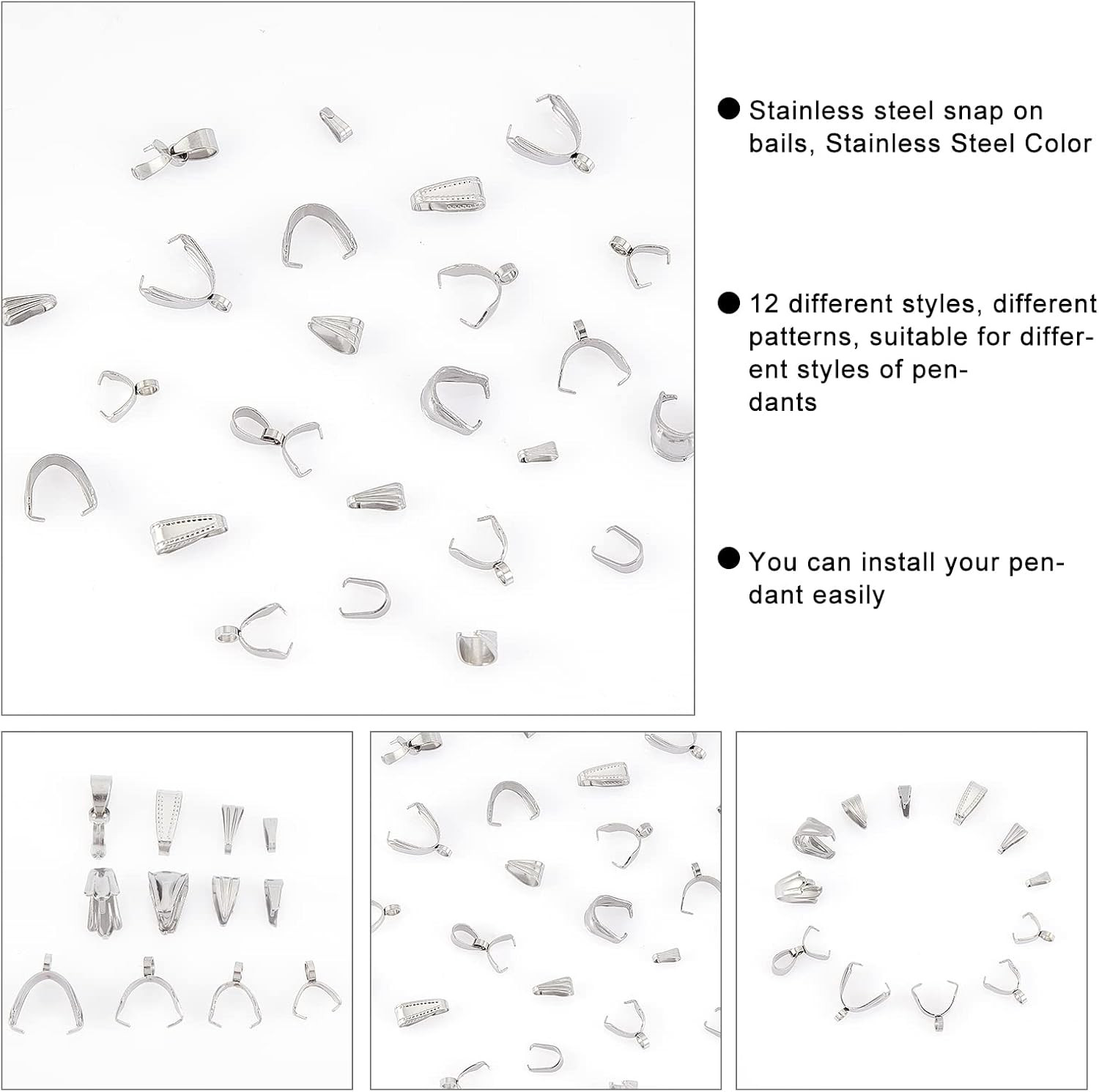 120Pcs Stainless Steel Pinch Bails for DIY Jewelry Charms and Pendants
