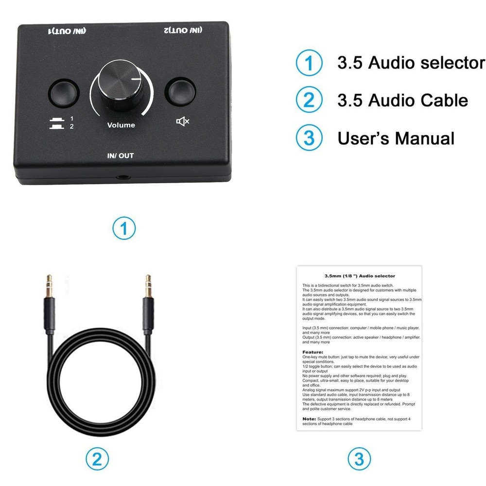 3.5mm Audio Switcher Selector Stereo Audio Switcher Splitter 1x2 / 2x1