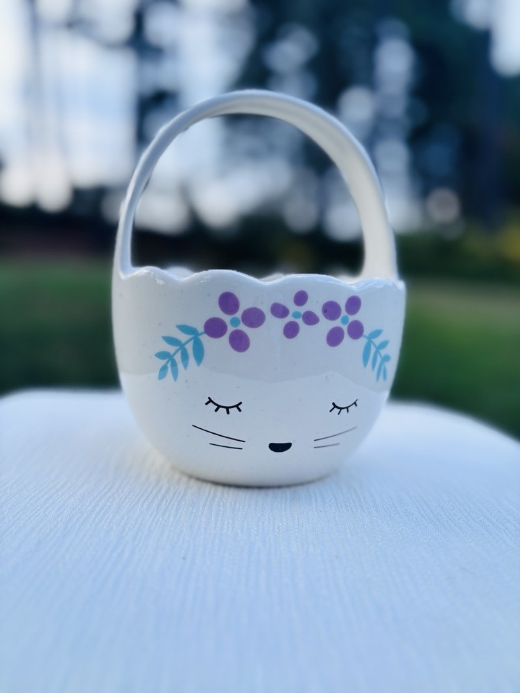 Cute Ceramic Planter Or Cotton Ball Container With Bunny Whiskers. Easter Basket