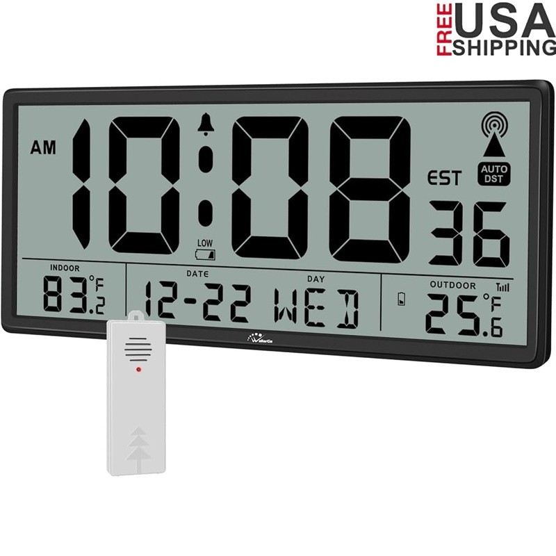 Large Atomic Clock Indoor Outdoor Temperature Digital Display Battery Powered US