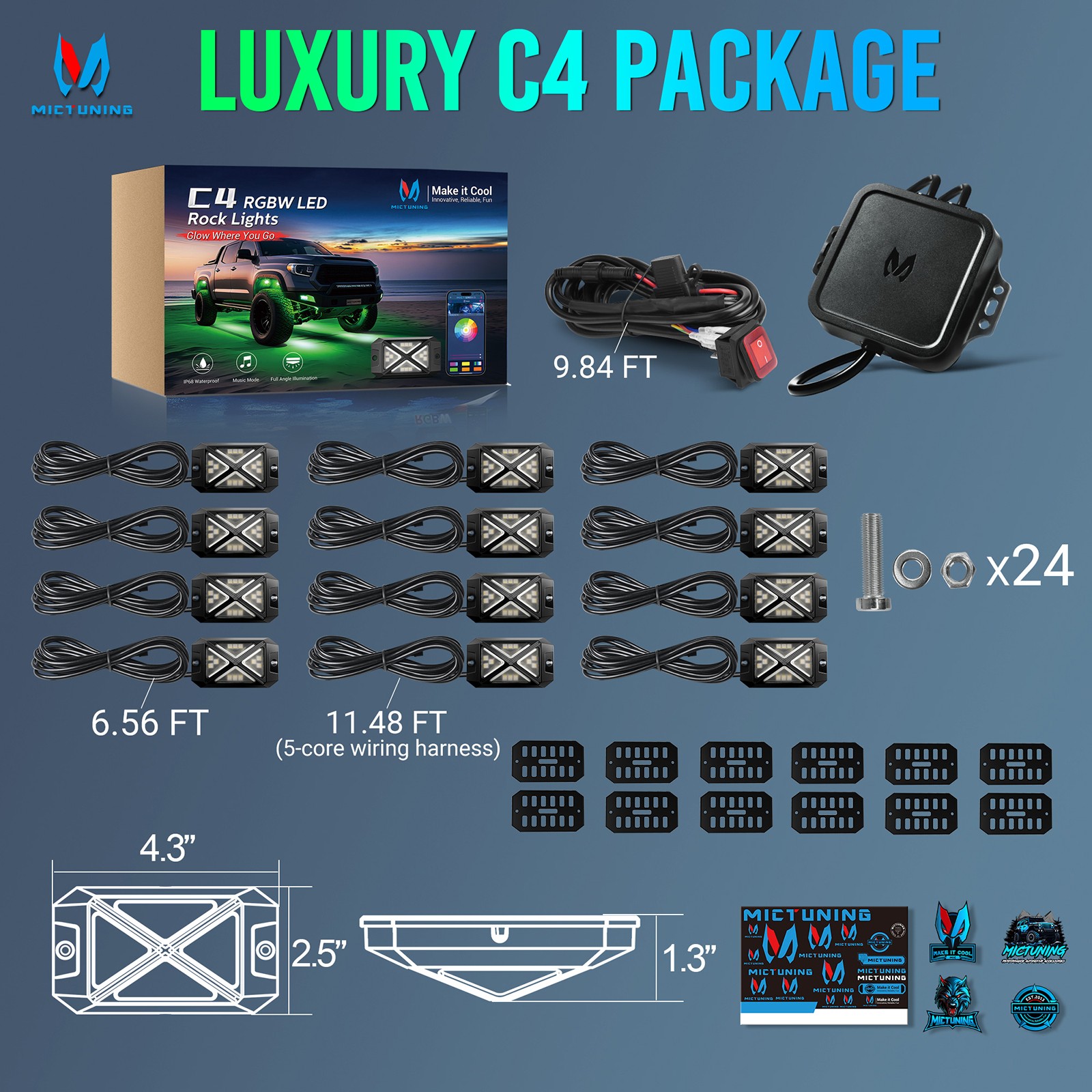 MICTUNING C4 RGBW LED Rock Lights - 12 Pods Full Anglw Underglow Underbody Lamp