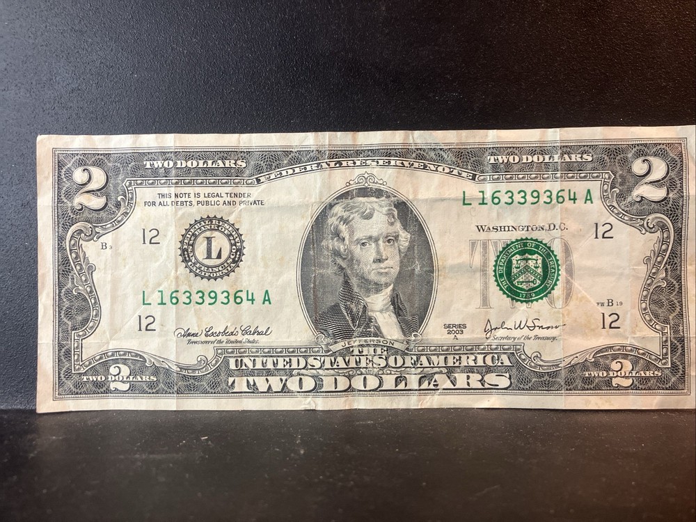 Error $2 Dollar Bill, 2003A Insufficient Ink Error Circulated