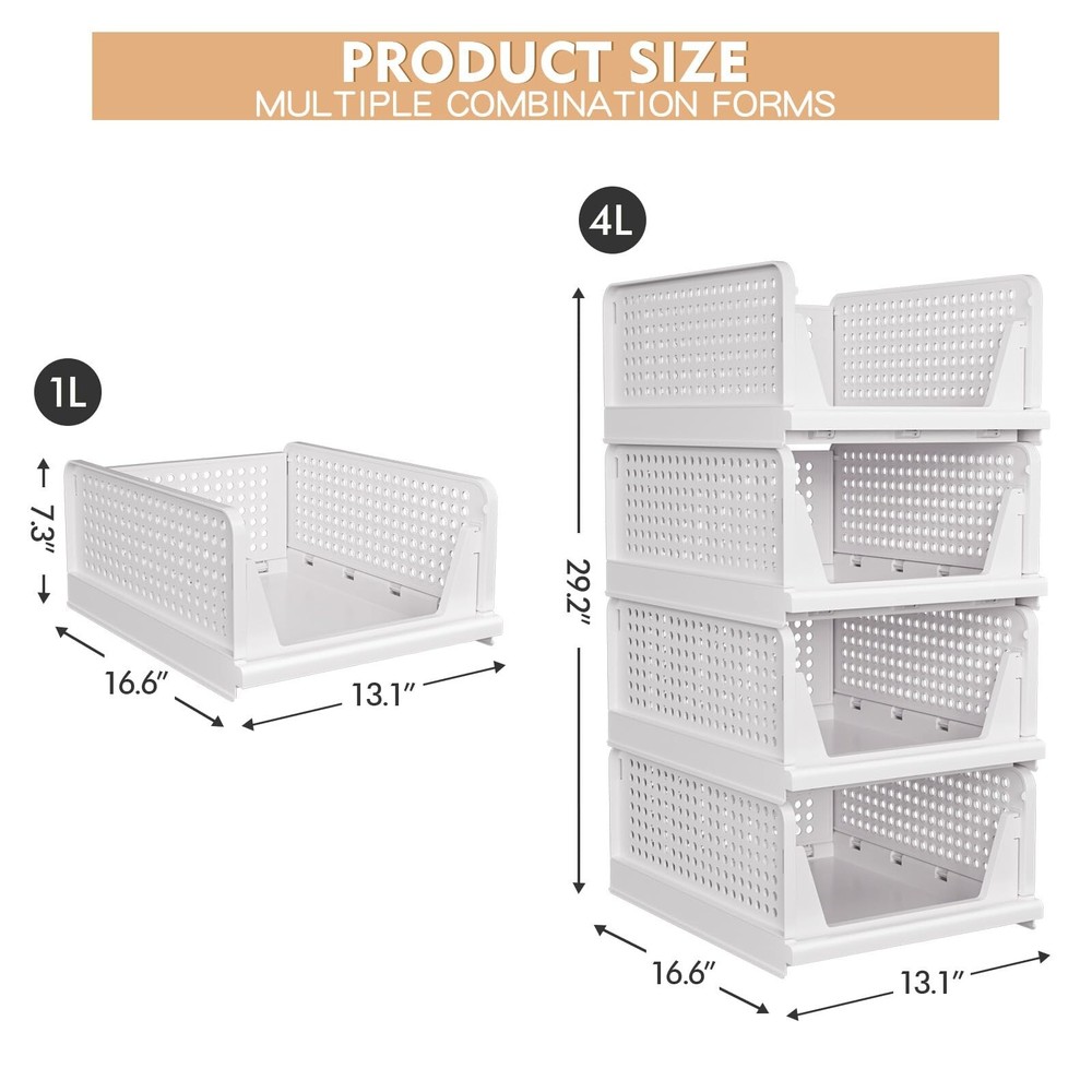4 Pack Stackable Closet Storage Basket - Stackable Storage Bins, Multifunctio...