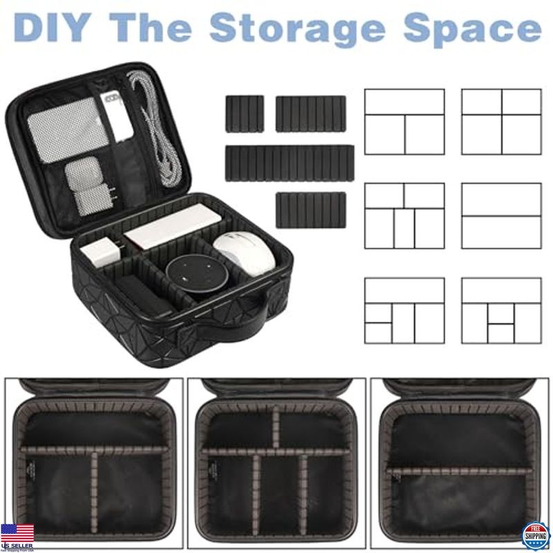 Waterproof Cable Organizer Bag, Double Layer Tech Storage with Adjustable