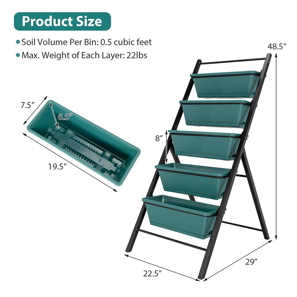 5-tier 2PCS Vertical Garden Planter Box Elevated Raised Bed w/5 Container Green