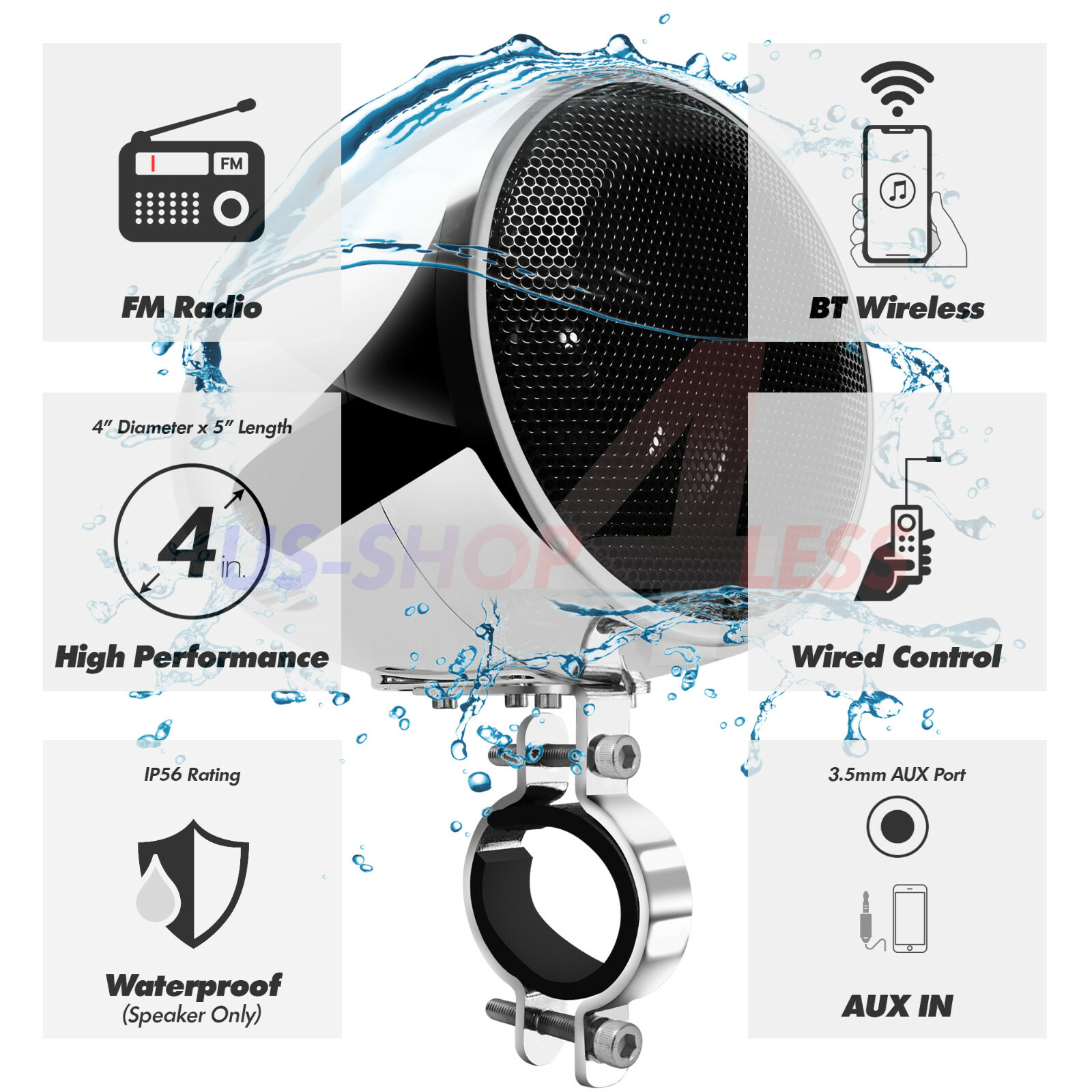 Bluetooth Motorcycle 100W Amplifier Waterproof Stereo Speaker Audio Radio System