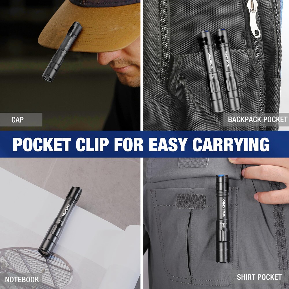 WORKPRO 2-PACKS Rechargeable LED Pen Light Flashlight Pocket Light w/USB C Cable