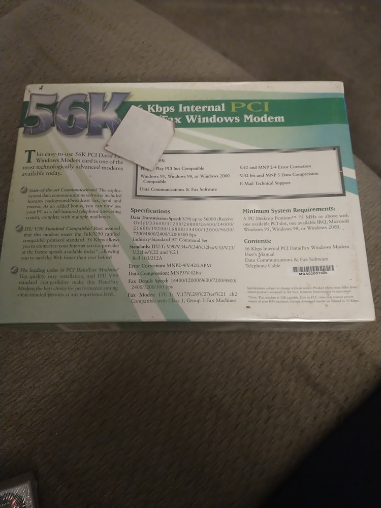 56K Internal Data/Fax Modem PCI Version Windows New Sealed Software Included