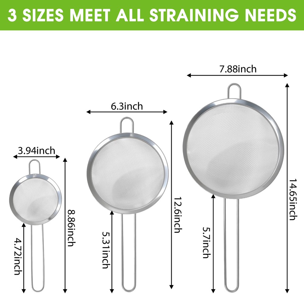 GARITIN 3 Piece Stainless SteelFineMesh Strainer Set 4 6 8 InchNestingforKitchen