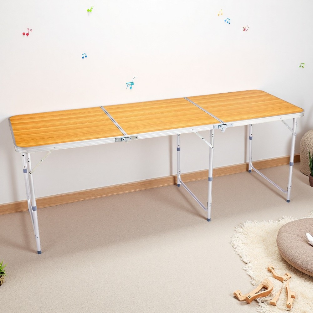 Folding Camping Table 6ft - Adjustable Height, Aluminum & Wood Grain Patio Table