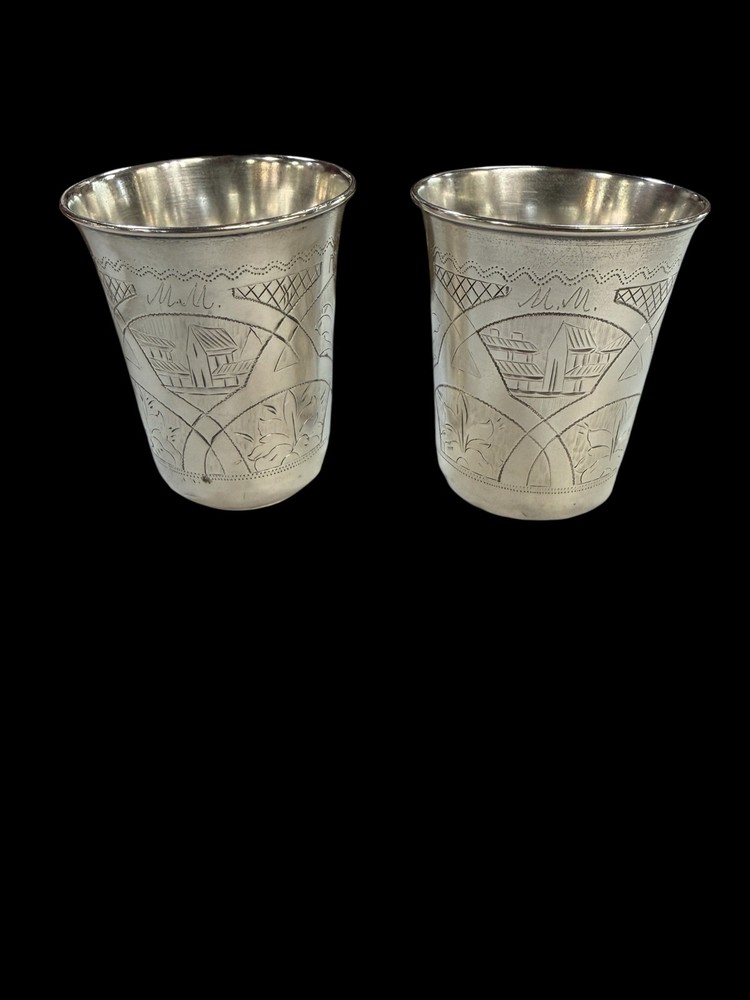 ANTIQUE RUSSIAN KIDDUSH CUPS PAIR SILVER 84 RUSSIAN