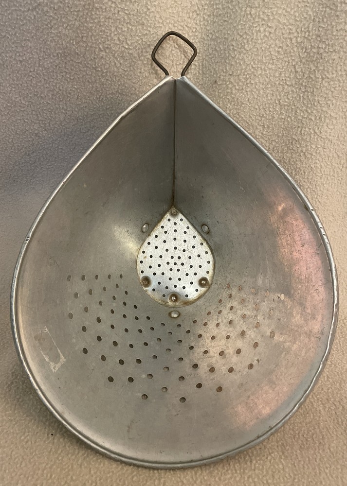 Antique Ovoid Teardrop Metal Colander Sieve Strainer Hanging Loop Riveted Base