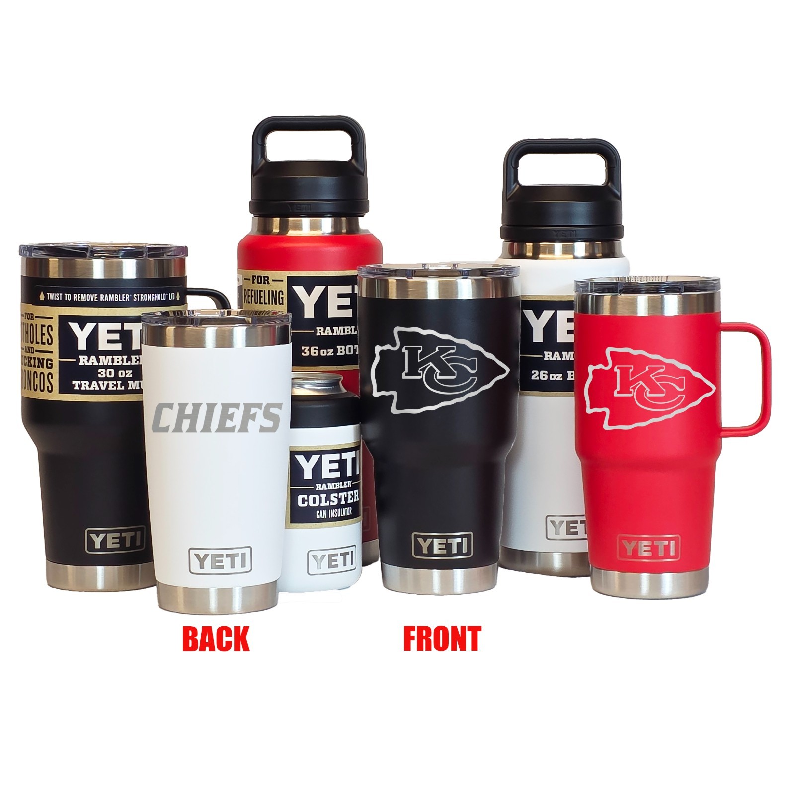 Kansas City Chiefs YETI Laser Engraved Tumblers, Mugs, Can Colsters and Bottles