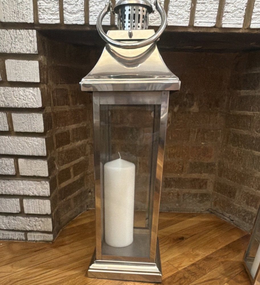 Silver Metal Glass Rectangular Lantern with Candle, Modern Freestanding