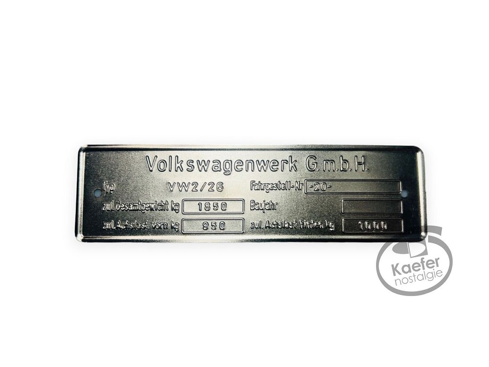 VW Bus ID Plate Type 26 Up to 1960