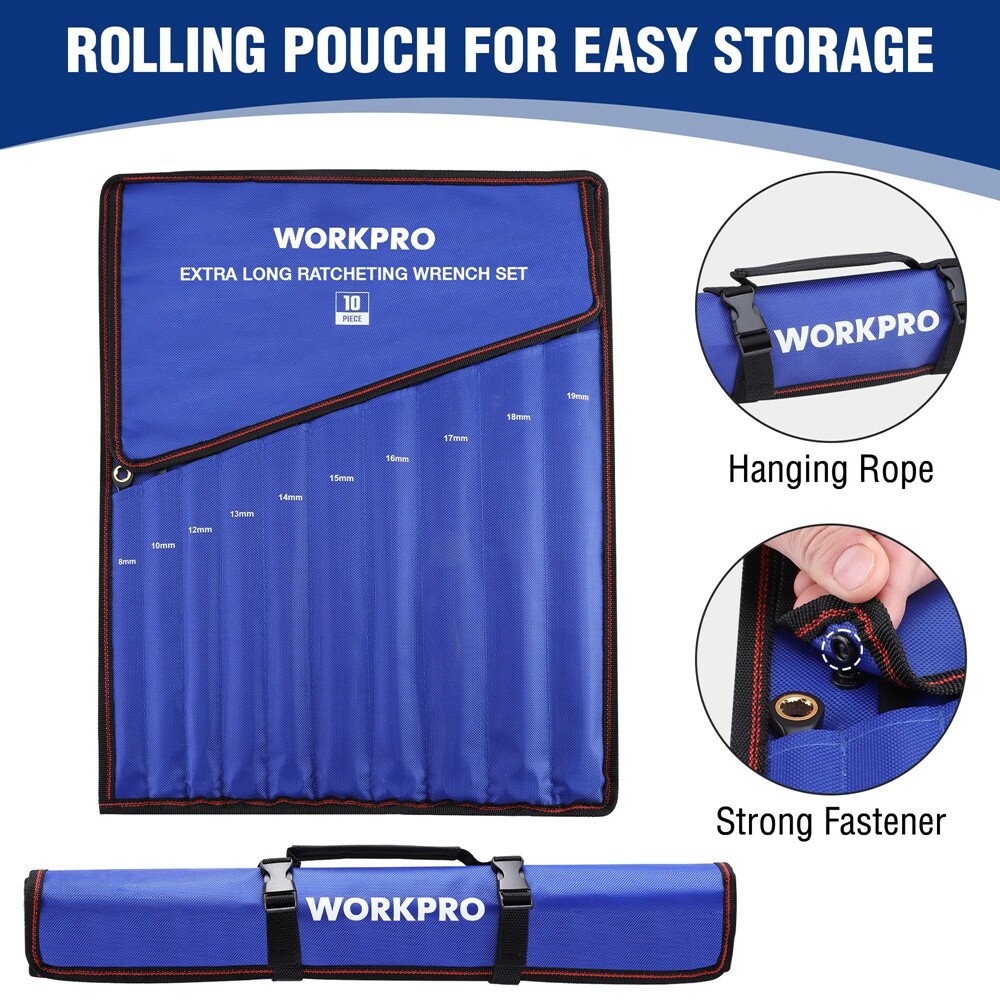 WORKPRO 10PC Extra Long Ratcheting Wrench Set Combination Metric 8-19mm 72-Teeth