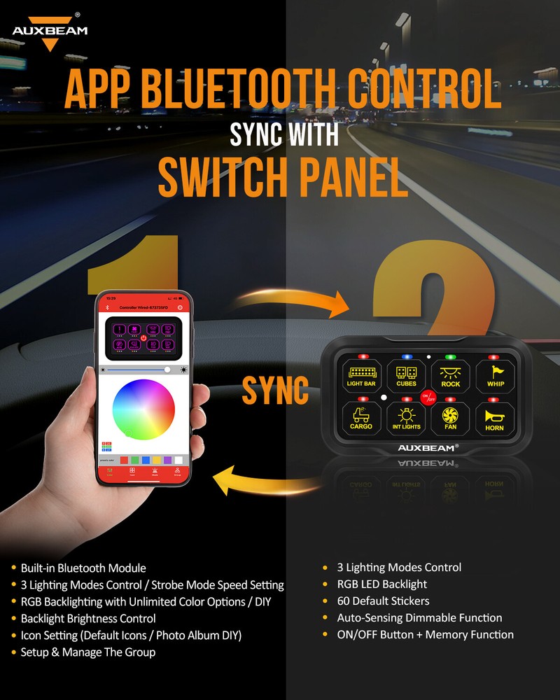 AUXBEAM 8 Gang AR-820 RGB Multifunction Switch Panel Relay System 2-sided Outlet