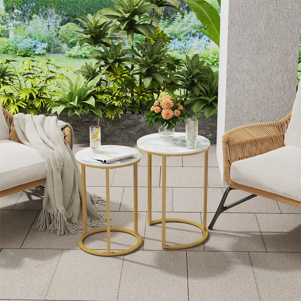 Real Marble 2 Pack Nesting Coffee Side Table Home Tea Desk Round Metal Stacking