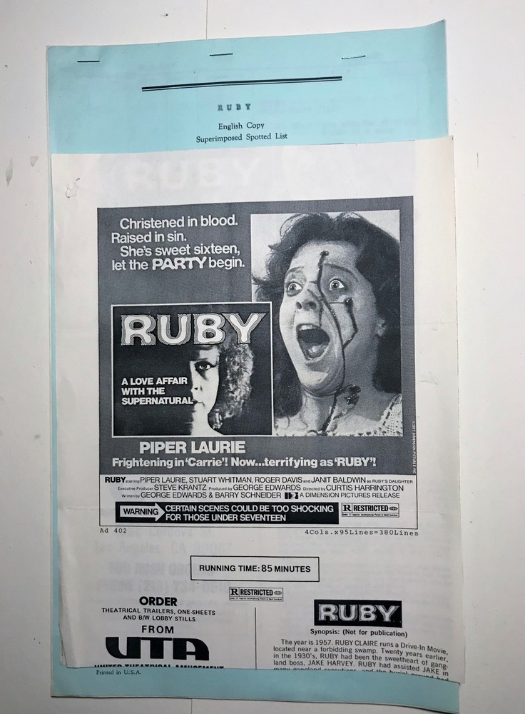 1979 Horror Movie RUBY Script & Superimposed Spotted List