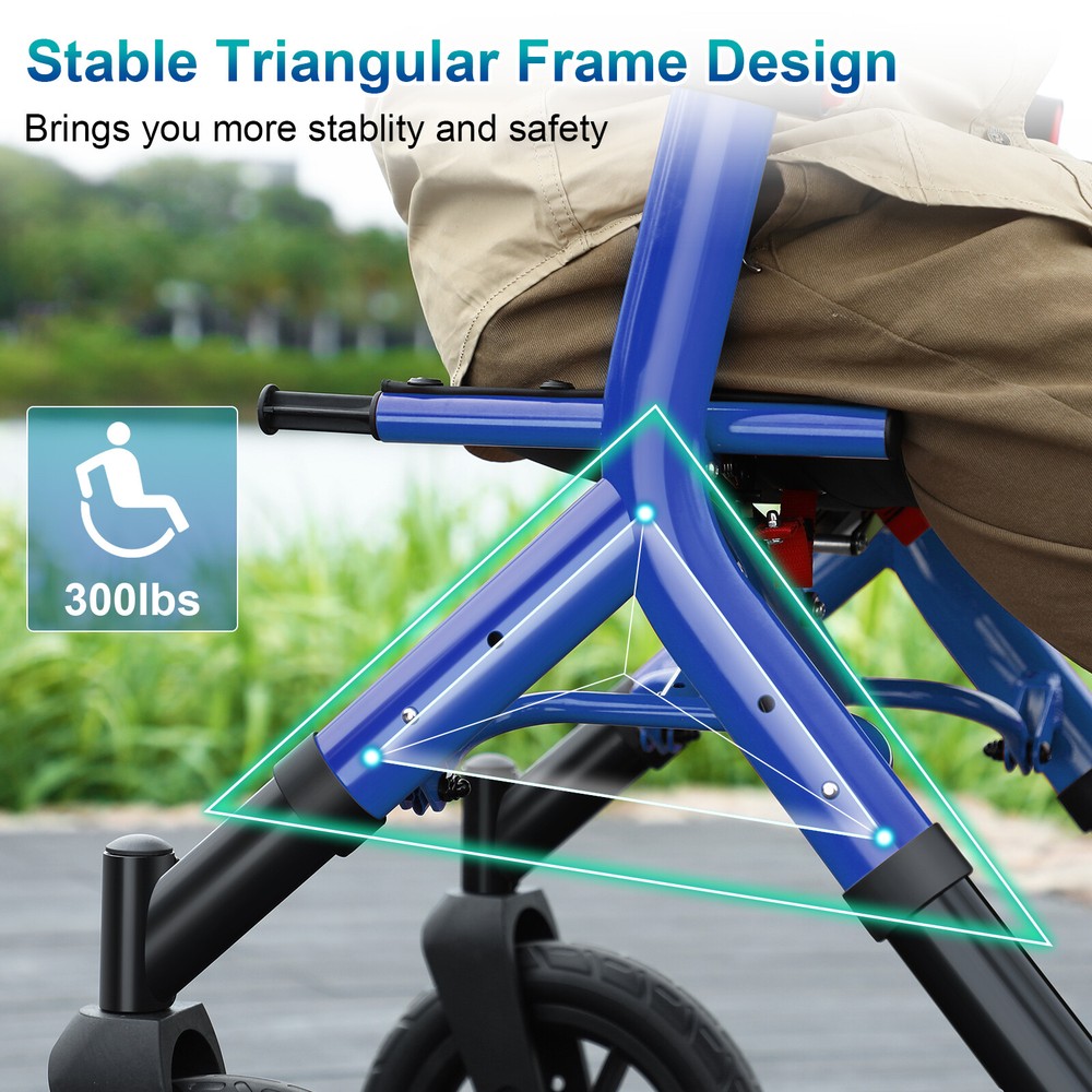12" Rubber Wheels All-Terrain Rollator Walker w/Seat Backrest Folding Adjustable