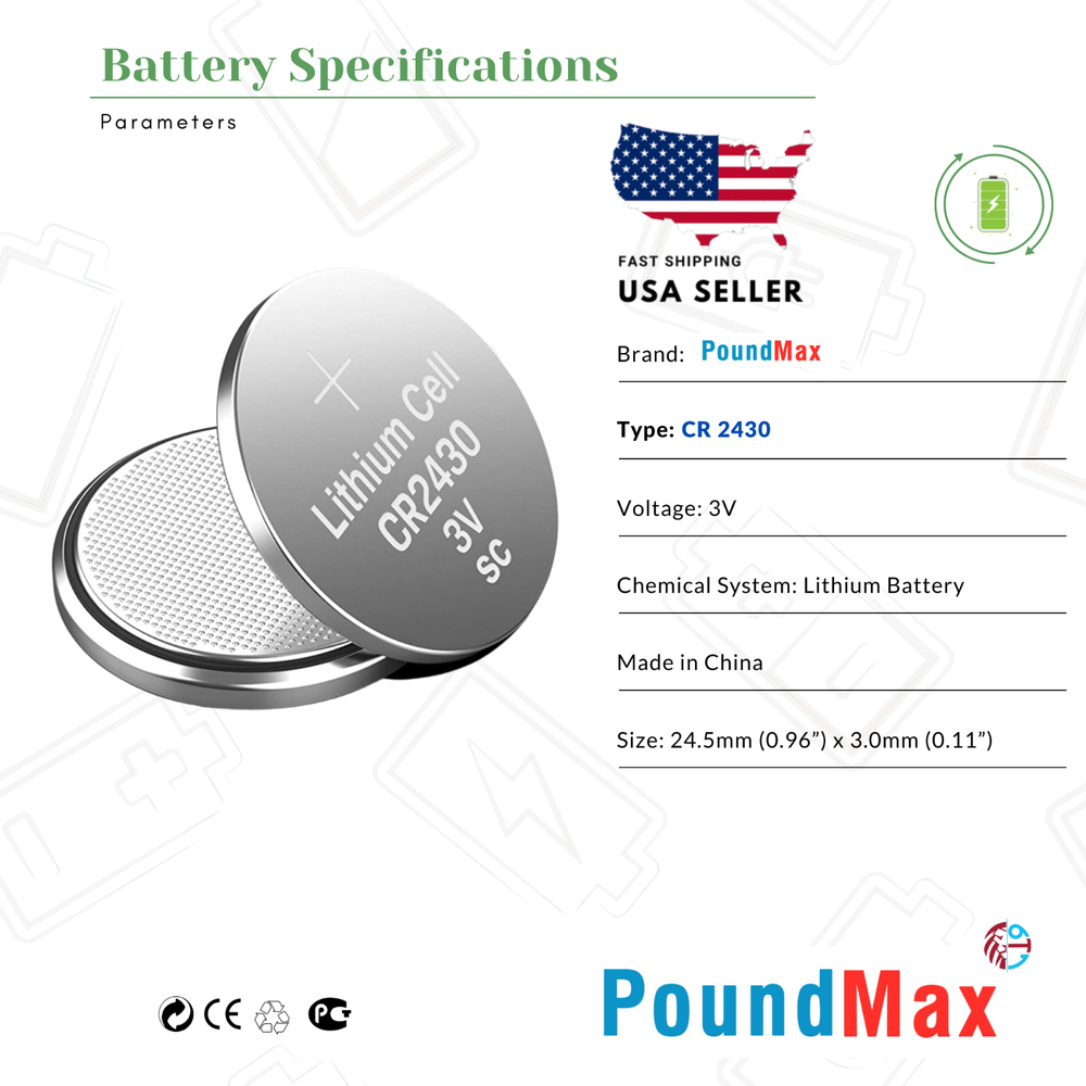 PoundMax CR2430 Batteries 3v Lithium Button Cell Battery Combo Pack - 5 Count