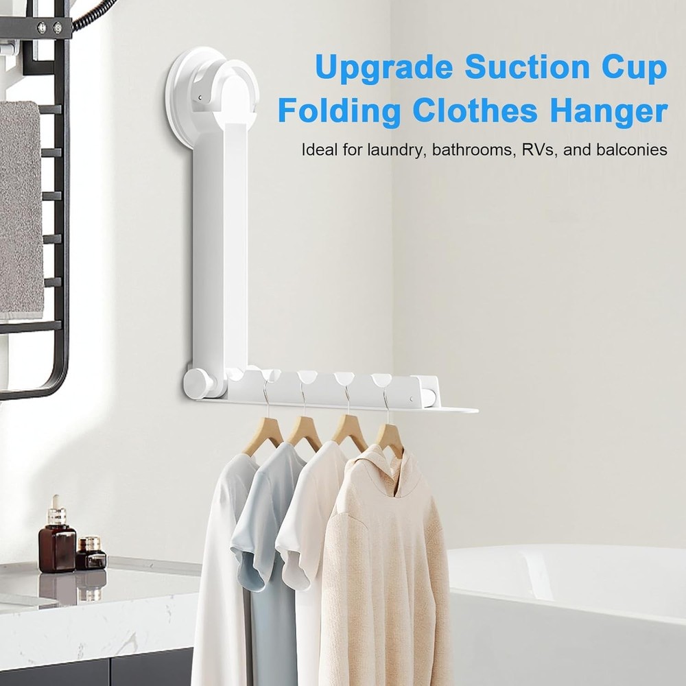 Foldable Clothes Drying Rack with Suction Cup, Wall-Mounted Clothes Drying Rod w