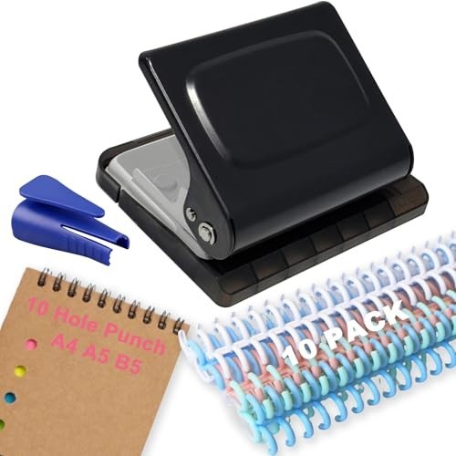 10 Hole Punch Binding Machine, Manual Planner Binder System, 10 Multi-Color Ring