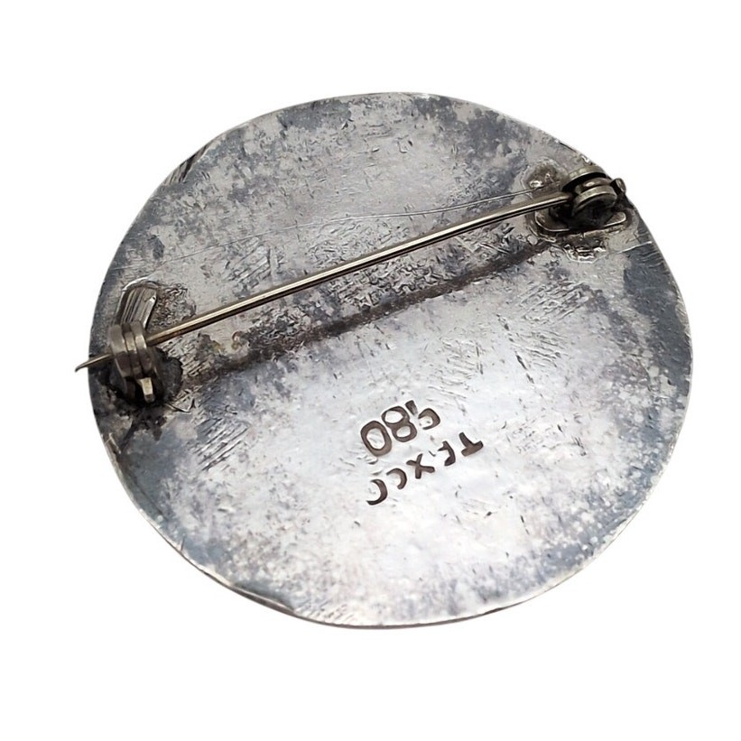 Vintage Taxco 980 Sterling Silver Mexico Round Etched Figure Brooch 1.6in 17.60g