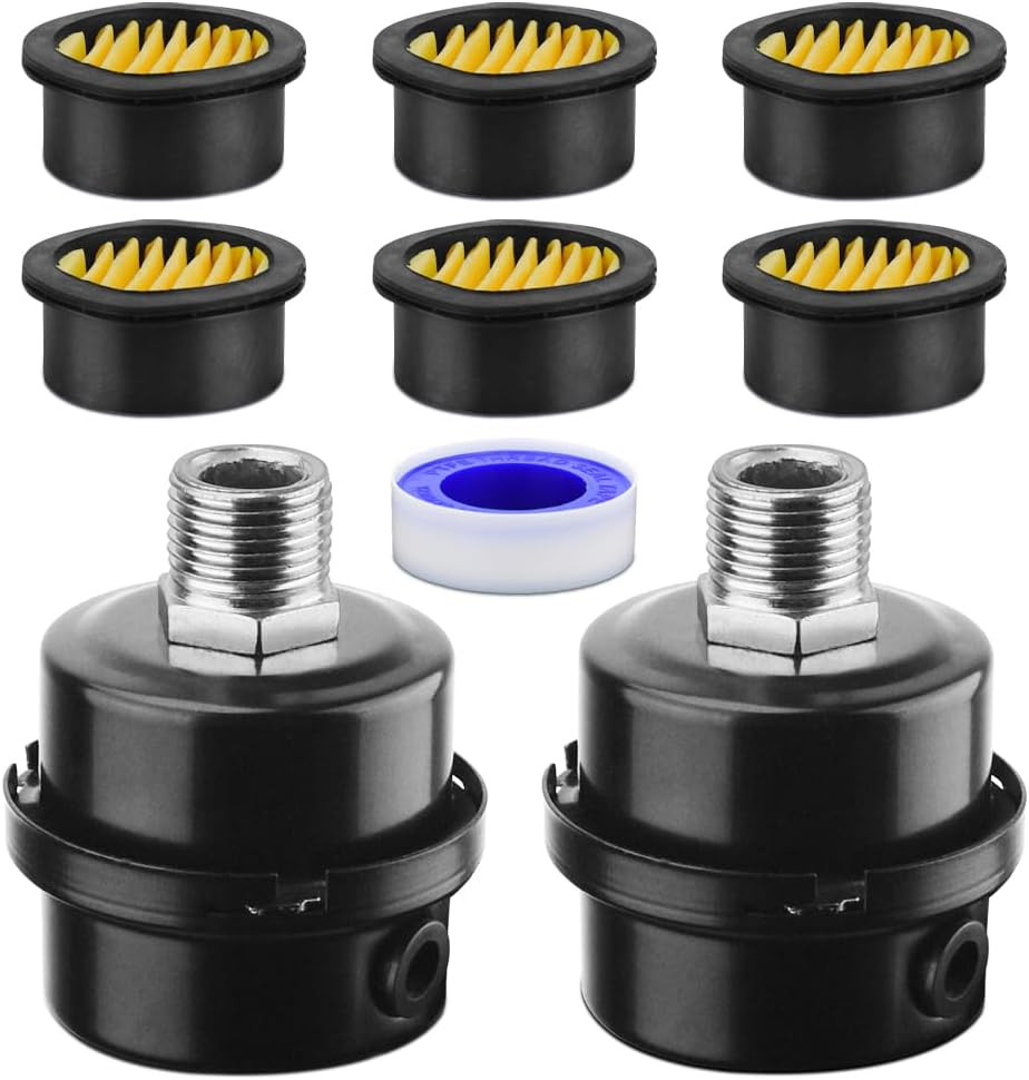 1/2" PT Air Compressor Muffler Filter 20mm Inlet 2 Pack + 6 Element Set