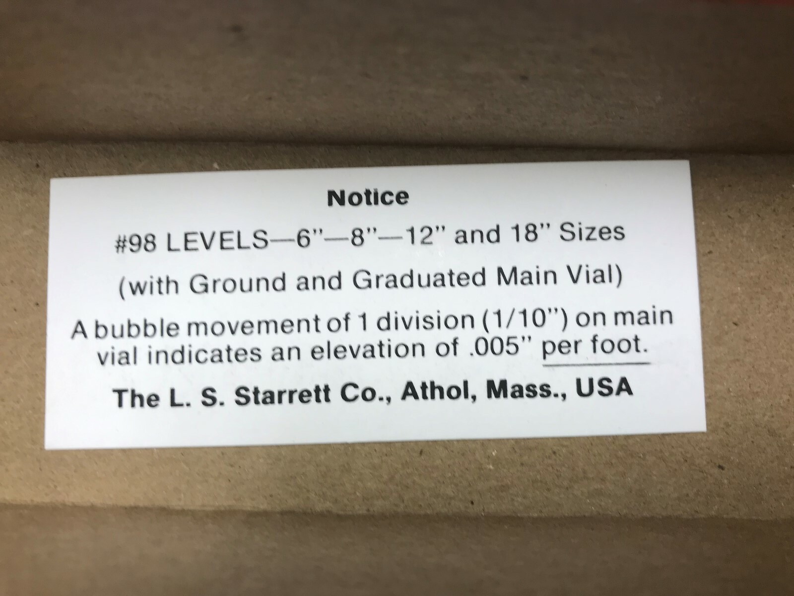 6" MACHINIST LEVEL STARRETT 98-6 / #50441 - NEW IN BOX - USA!