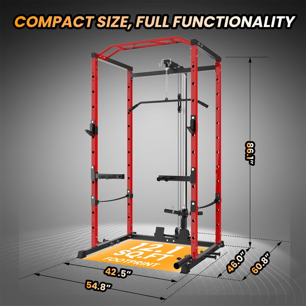 💯1600LBS Power Cage with LAT Pulldown Multi-Functional Power Rack with J-Hooks