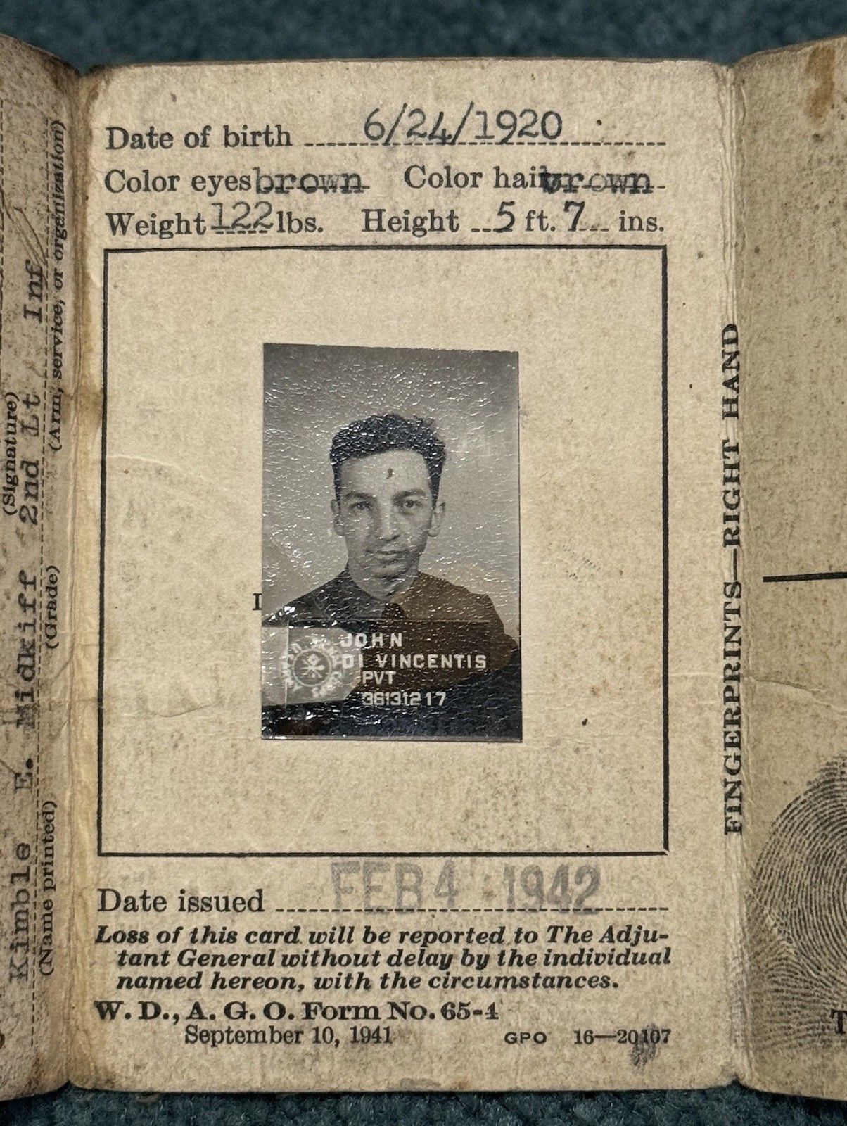 Original WWII US Army 34th Infantry Division 1942 ID Card