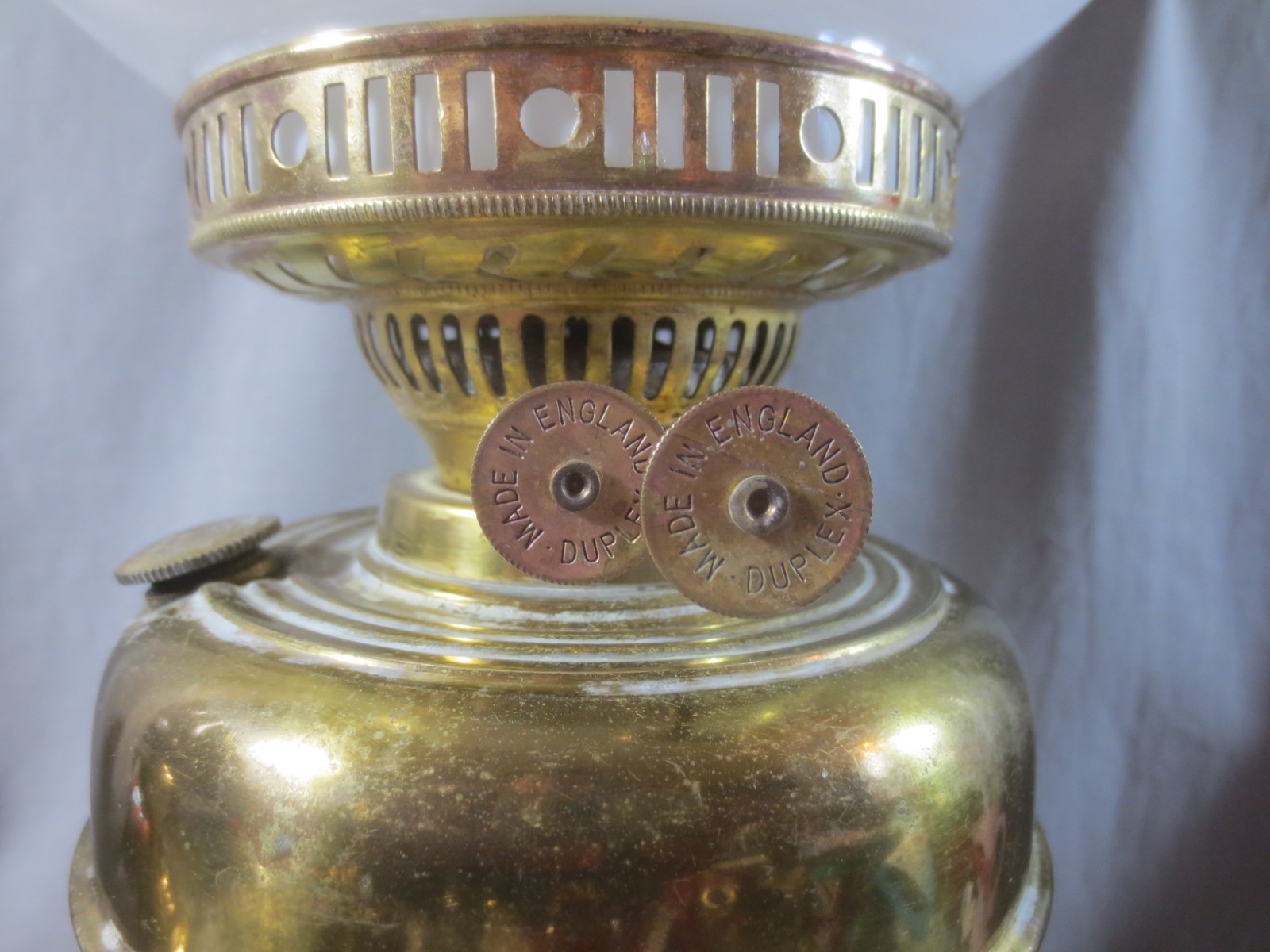 Vintage Made In England Brass Duplex Oil Lamp Chimney & Shade Shepards Hut Lamp