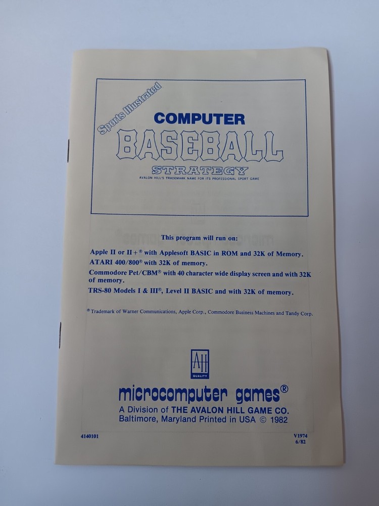 Avalon Hill Computer Baseball Strategy Game Cassette For Atari TRS80 Pet Apple