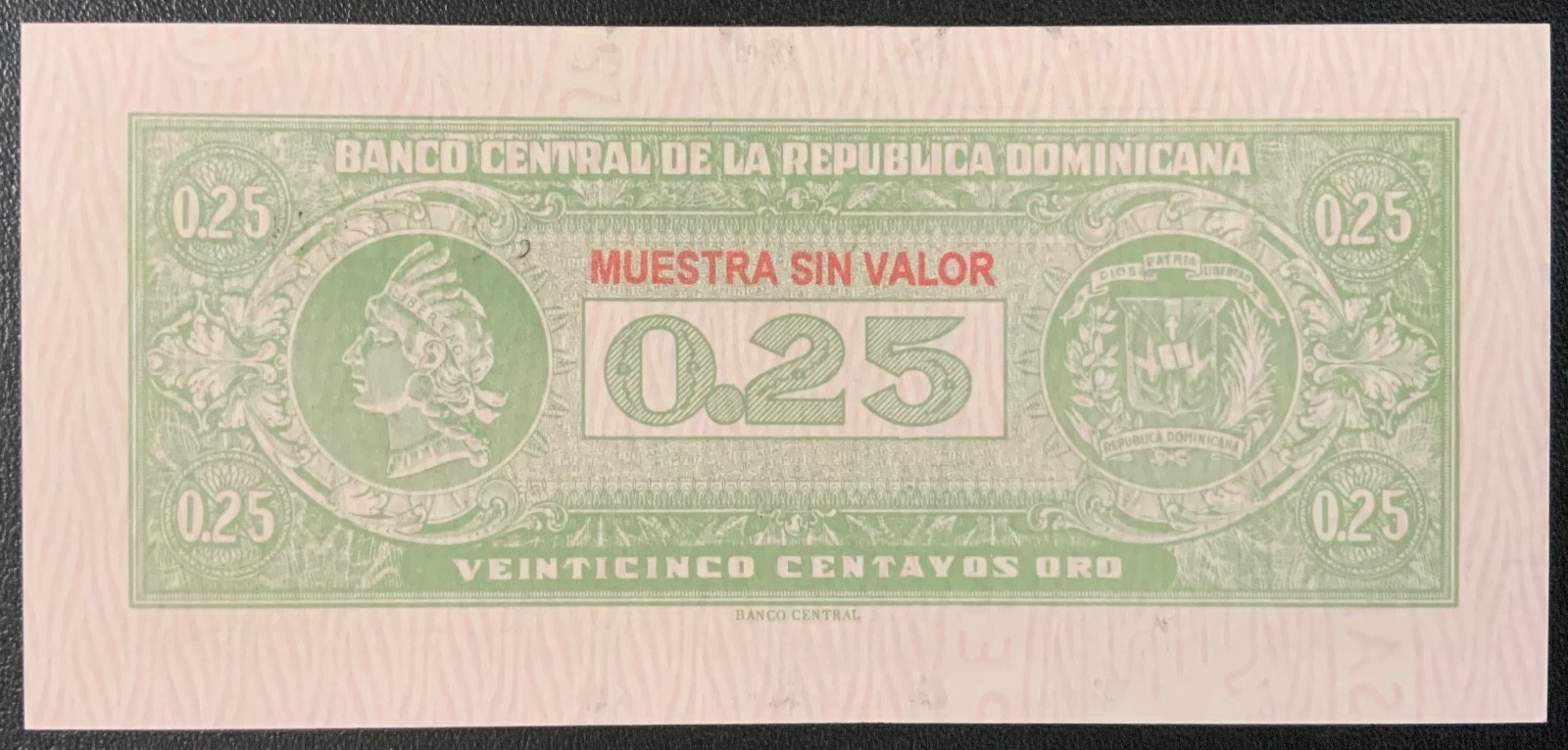 1961 DOMINICAN REPUBLIC PAPER MONEY - 25 CENTAVOS SPECIMEN BANKNOTE!