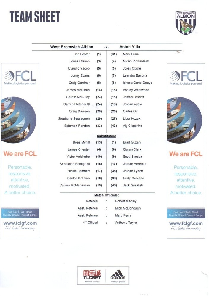 Team Sheet - West Brom v Aston Villa 2015-16